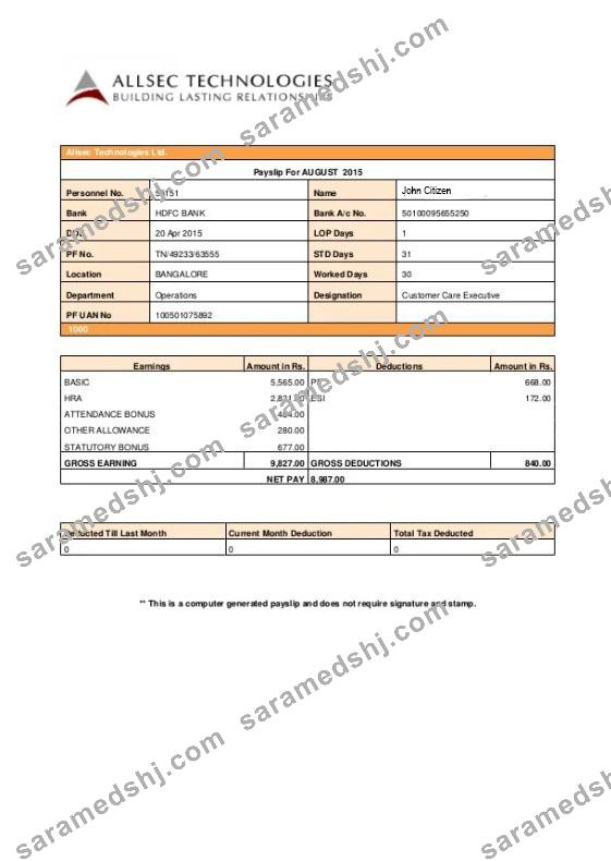ALLSEC  Building technologies payslip  in Word and PDF formats